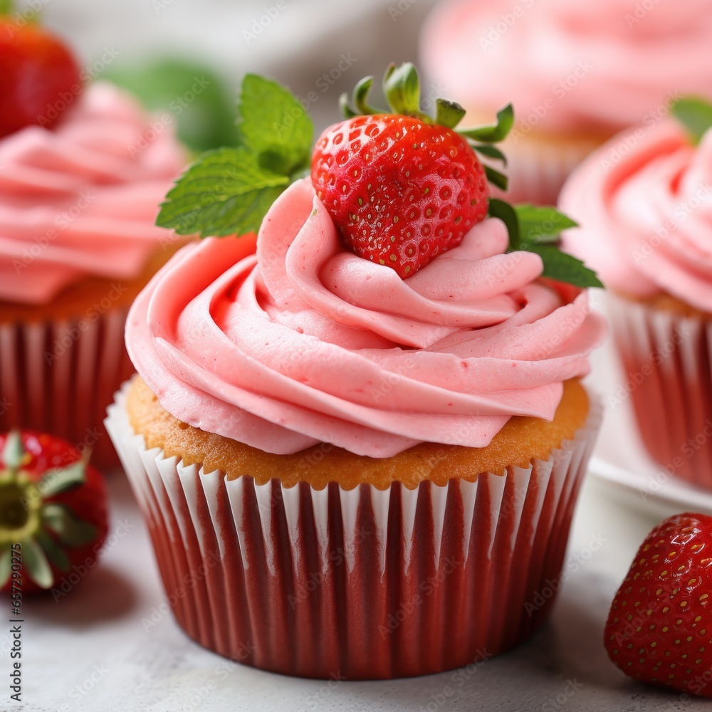 Strawberry cupcakes with strawberry cream cheese frosting and fresh strawberries on top Strawberry cupcakes with strawberry cream cheese frosting and fresh strawberries on top