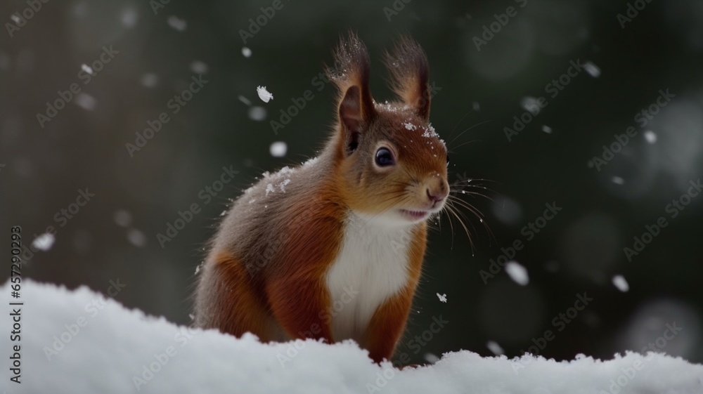 Cute red squirrel in the falling snow winter beautiful image Ai generated art Cute red squirrel in the falling snow winter beautiful image Ai generated art