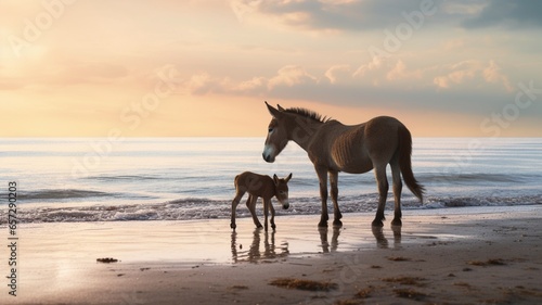 Cute horse with her baby standing river bank animal illustration picture AI generated art