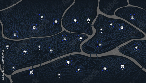 Abstract transportation background with POI. Transportation-related designs, promotional materials. Establishments, gas stations, parks, restaurants. Streets, blocks, route for movement on the streets