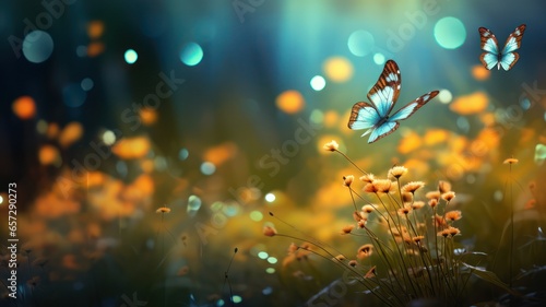Butterfly flying over meadow with flowers and bokeh lights created with Generative AI © mg photo