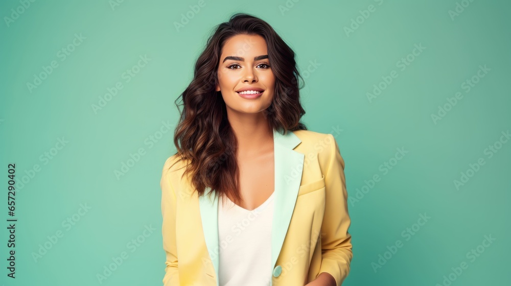 Fototapeta premium Happy and Attractive Woman Wearing Pastel Color Suit with Beautiful Vibrant Background 