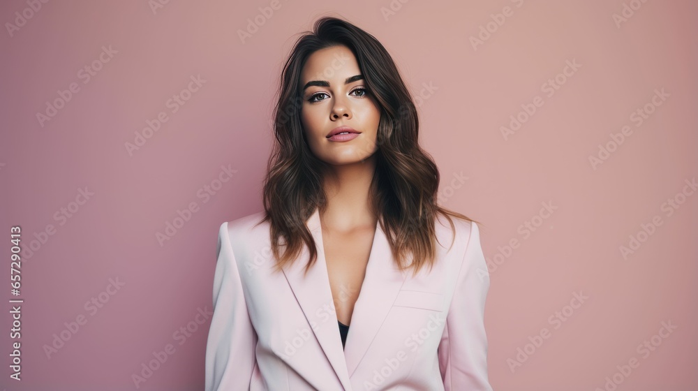 Happy and Attractive Woman Wearing Pastel Color Suit with Beautiful Vibrant Background
