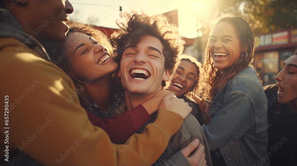 A group of young people embracing each other in a heartwarming moment - obrazy, fototapety, plakaty 