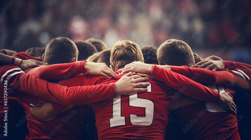 Teenage boy high school football team connecting hands in huddle. ai generative - obrazy, fototapety, plakaty 