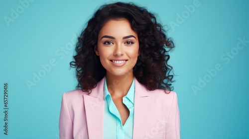 Happy and Attractive Woman Wearing Pastel Color Suit with Beautiful Vibrant Background 