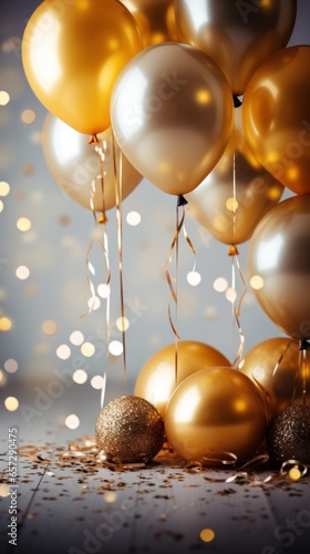 Birthday celebration with gold balloons and glitter