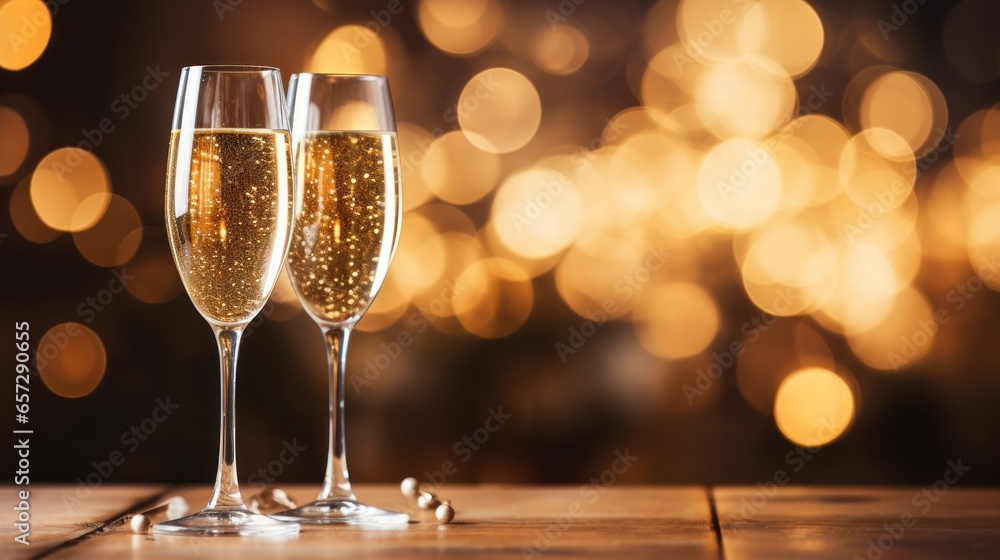 Sparkling champagne glasses with holiday lights in the background Sparkling champagne glasses with holiday lights in the background