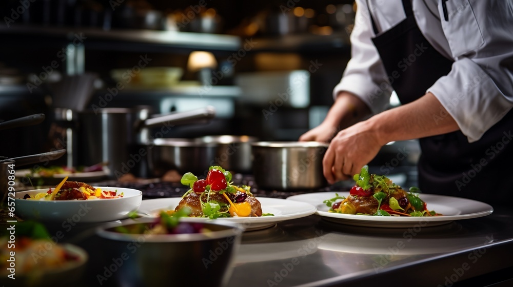 gourmet dish being prepared in a high-end restaurant kitchen gourmet dish being prepared in a high-end restaurant kitchen