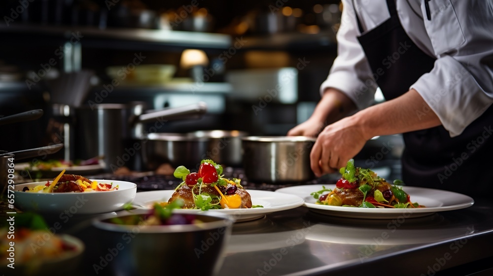 gourmet dish being prepared in a high-end restaurant kitchen