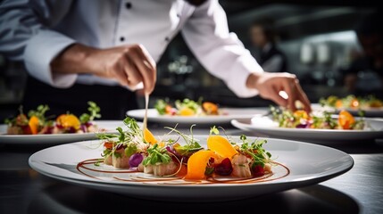 gourmet dish being prepared in a high-end restaurant kitchen