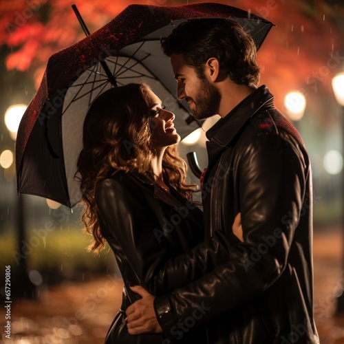 Couple sharing a moment under an umbrella in the rain