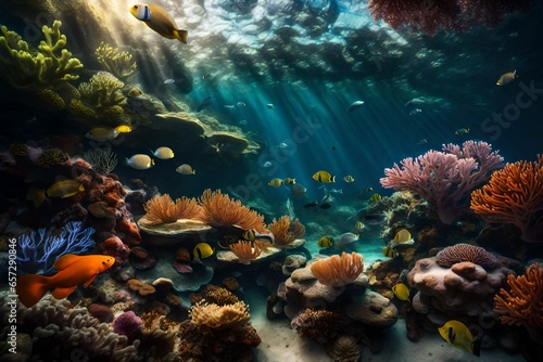 An underwater view of a coral reef, with a variety of marine life swimming around. © Abid