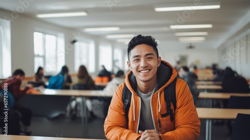 Latino male college student sitting a classroom smiling, student study in class, with copy space. photo