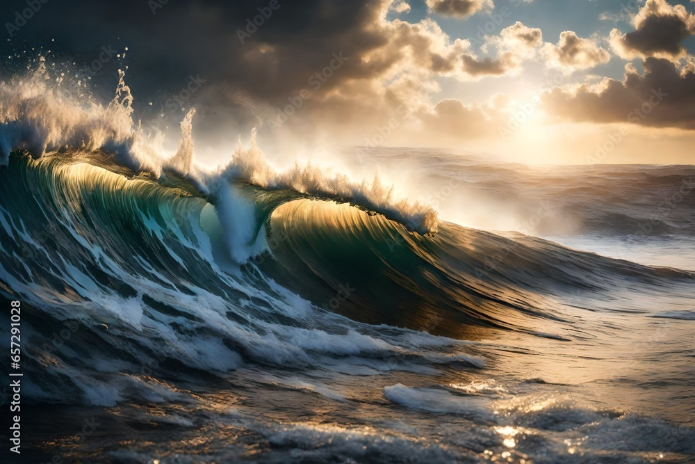 A majestic wave crashing on the shore, with sunlight sparkling off the water droplets.