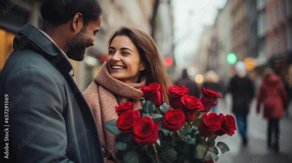 Man surprises woman with a bouquet of red roses Man surprises woman with a bouquet of red roses