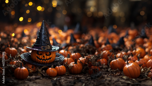 Gruselige Halloween Dekorationen als Hintergrund und Druckvorlage im Querformat für Banner, ai generativ