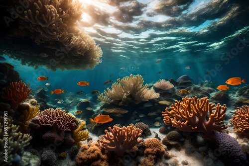 An underwater view of a coral reef  with a variety of marine life swimming around.