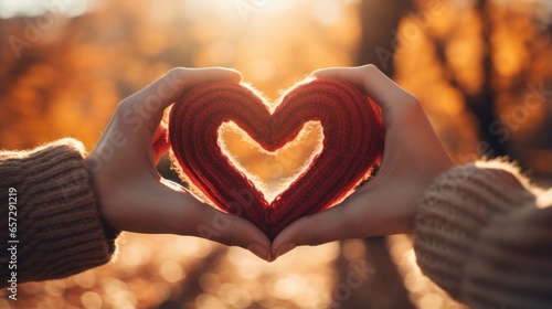 Close-up of couple's hands forming a heart shape.
