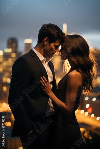 Couple embracing in front of a beautiful city skyline