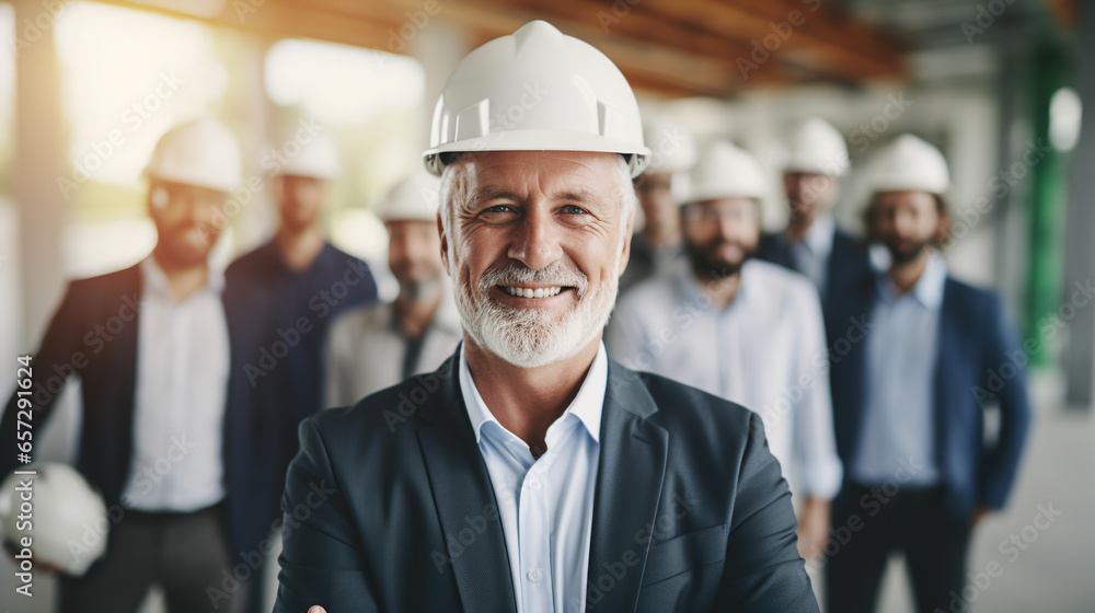 a businessman in a white helmet against the background of his team at a construction site. ai generative a businessman in a white helmet against the background of his team at a construction site. ai generative