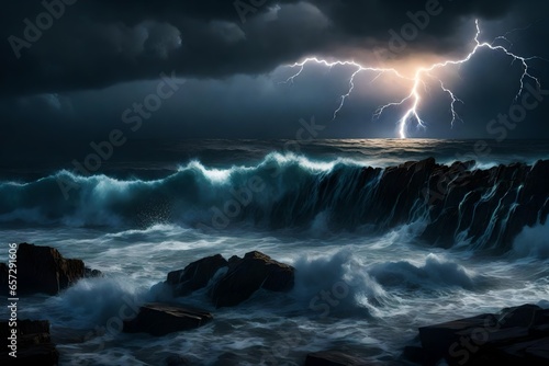 A stormy sea at night, with lightning flashing and waves crashing against the rocks. 