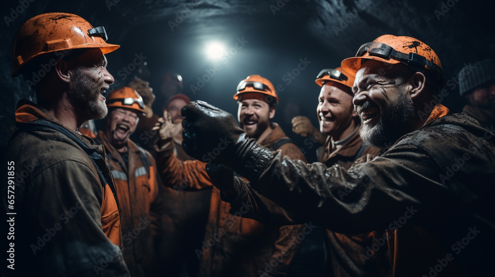 A group of miners collaborating and working together in a dark underground tunnel, representing the importance of teamwork and camaraderie in the mining industry. ai generative A group of miners collaborating and working together in a dark underground tunnel, representing the importance of teamwork and camaraderie in the mining industry. ai generative