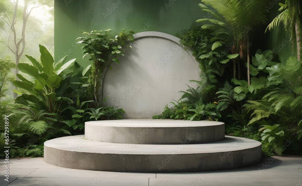 Concrete podium with tropical plants background Concrete podium with tropical plants background