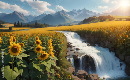 A blooming sunflowers field with beautiful nature background.