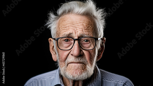 Portrait of aged man with sad look. Concept of ageism is prejudice and discrimination against people based on their age. Banner.