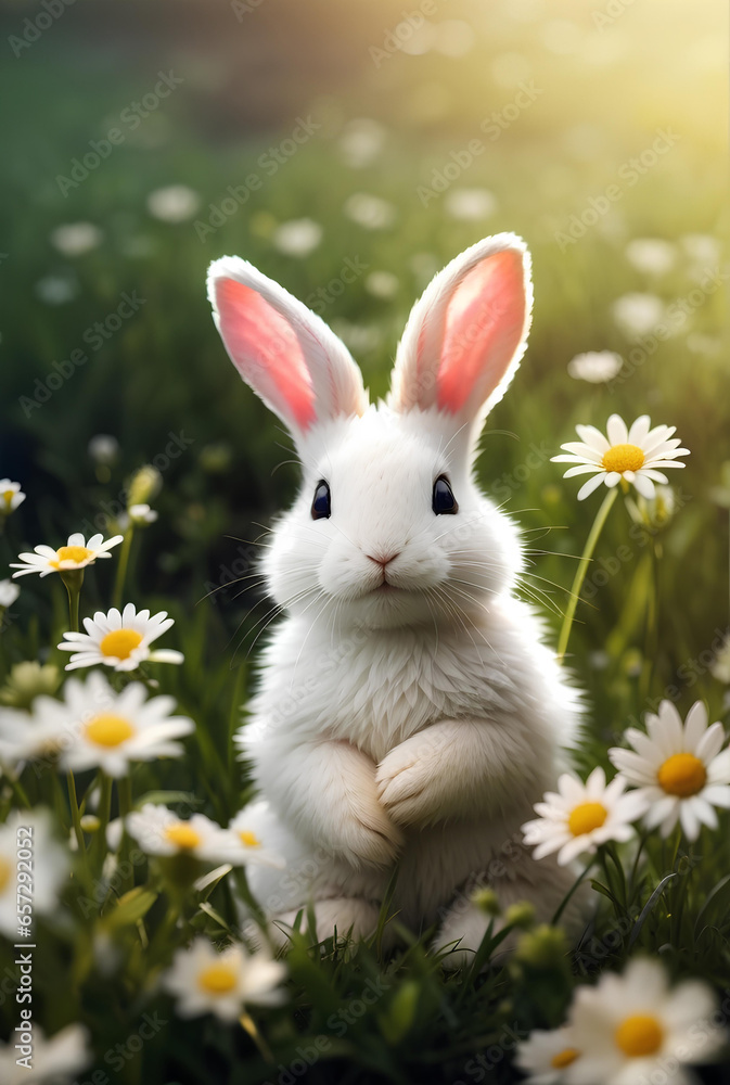 Fototapeta premium Cute white rabbit sitting in the daisies meadow.