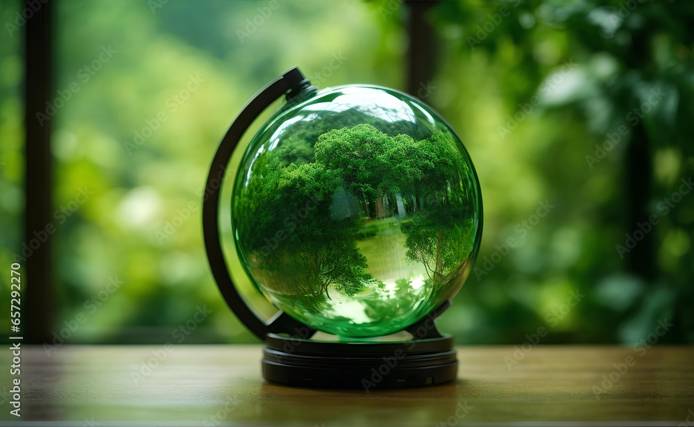 Globe glass on wooden ground with nature background. Globe glass on wooden ground with nature background.