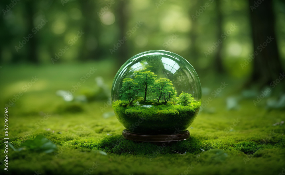 Nature glass on mossy ground with nature background. Nature glass on mossy ground with nature background.