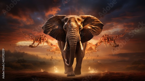 Surrealist background composition with a elephant.