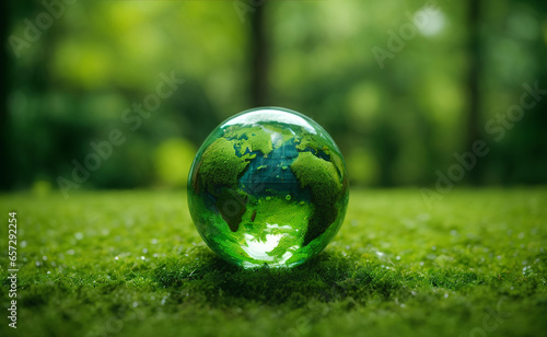 Nature glass on mossy ground with nature background.