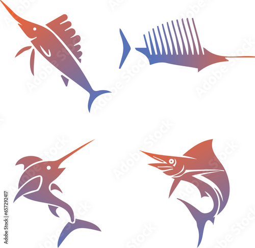 Sailfish Icons - A set of sailfish icons typically includes four different stylized representations of sailfish  a type of fish known for its high speed and distinctive sail-like dorsal fin.