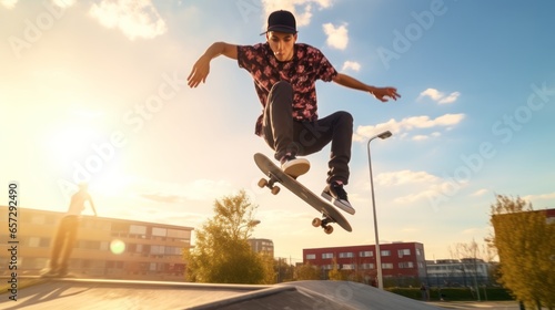 A skateboarder performing a vertical ramp trick photo