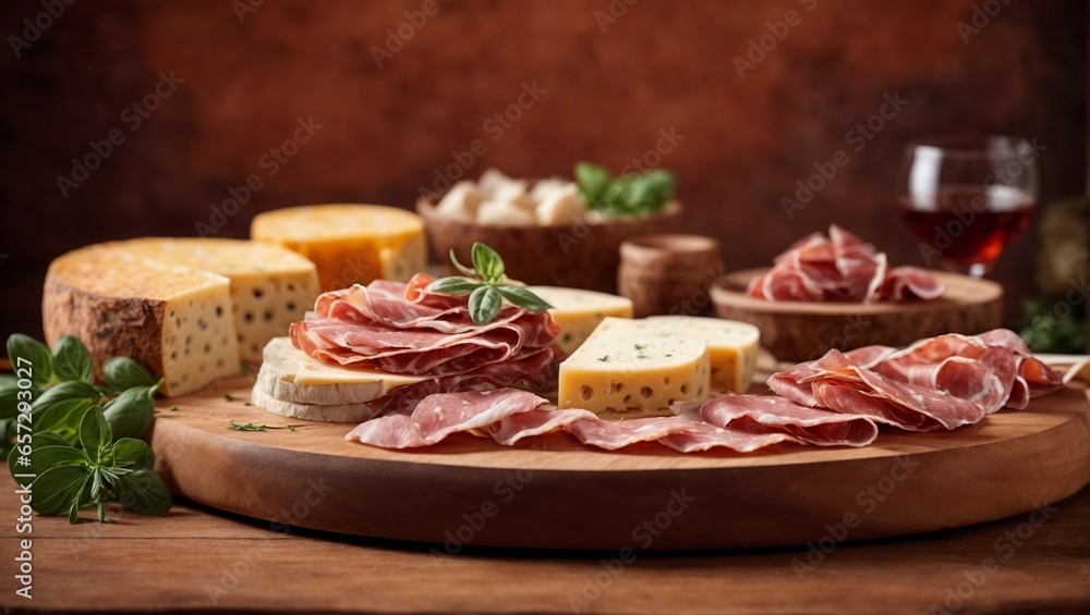 Affettati Misti with thinly sliced prosciutto, salami, and assorted cheeses on a wooden platter