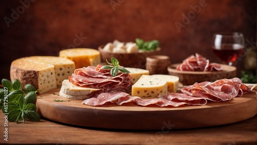 Affettati Misti with thinly sliced prosciutto, salami, and assorted cheeses on a wooden platter