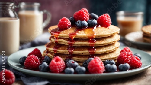 Stack of pancakes with fruit  butter and syrup