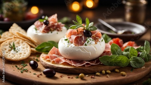 Italian Burrata with Prosciutto, home-made bread and olives served on a rustic wooden platter