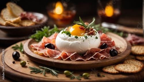 Italian Burrata with Prosciutto, home-made bread and olives served on a rustic wooden platter