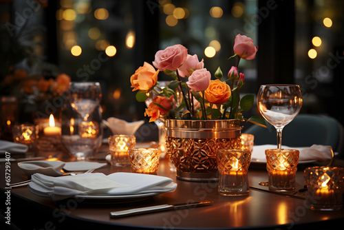 Intimate dinner setting for two at a high-end restaurant, featuring exquisite tableware and candlelight.