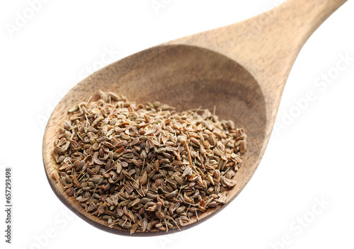  Anise seeds spice (Pimpinella anisum) in wooden spoon isolated on white