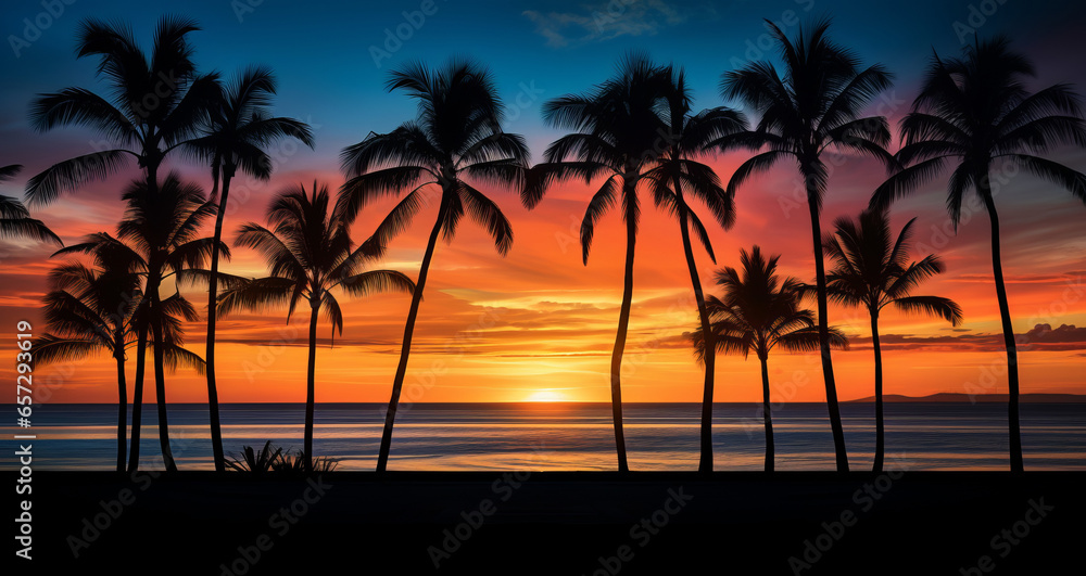 A sunset with palm trees and the ocean in the background