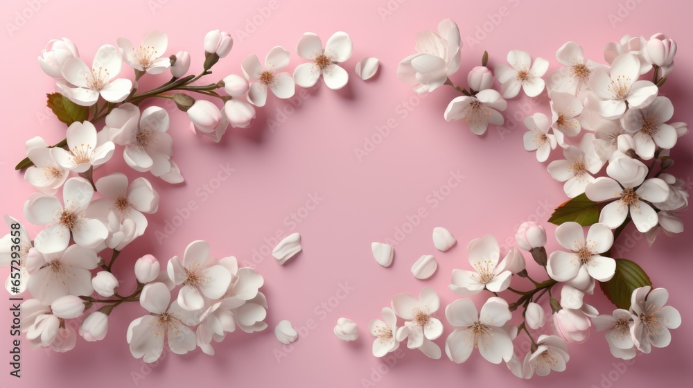 Frame and background composition decorated with pink flowers.