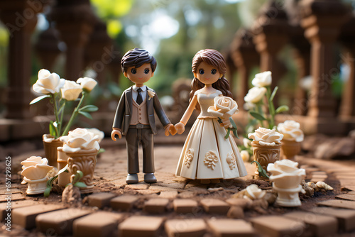 Miniature bride and groom figurines, wedding ceremony, garden setting. photo