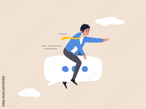 Meeting talk or communicate idea concept. Effective communication for business leader, sending message, announcement or dialog for success, cheerful businessman ride speech bubble pointing to target.