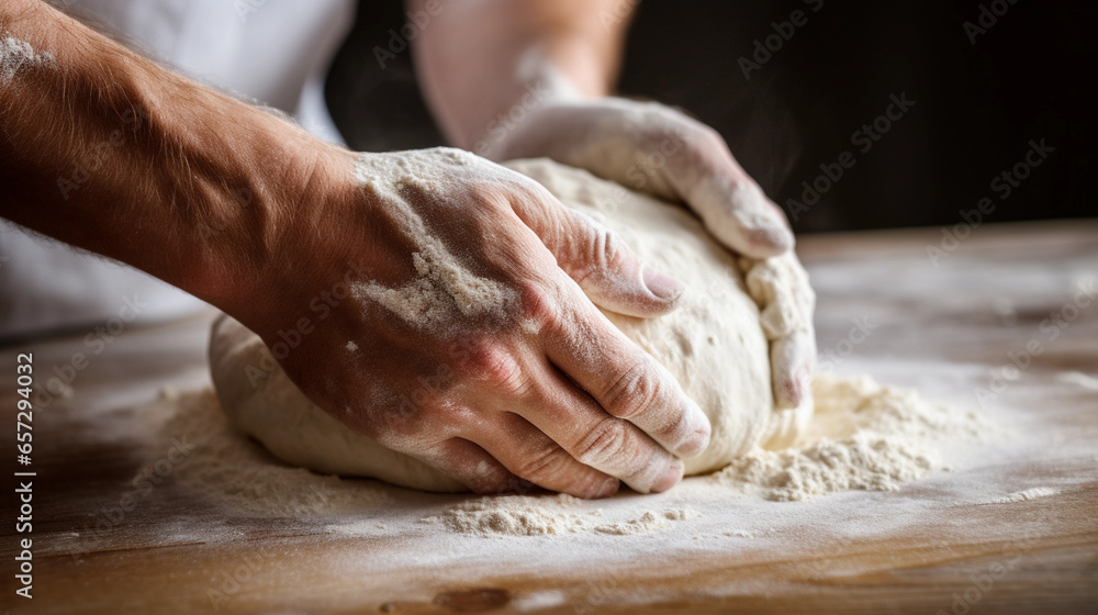 Close-Up of Hands Kneading Fresh Dough on a Flour-Covered Surface