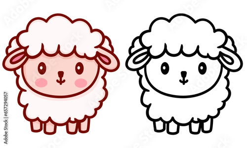 Cute Sheep doodle style vector illustration, Cute ewe or ram cartoon style colored and black and white line art for coloring book stock vector image